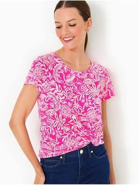 Lilly Pulitzer Etta Scoop Neck Top Tee Absolutely Flamazing Print Pink Size L